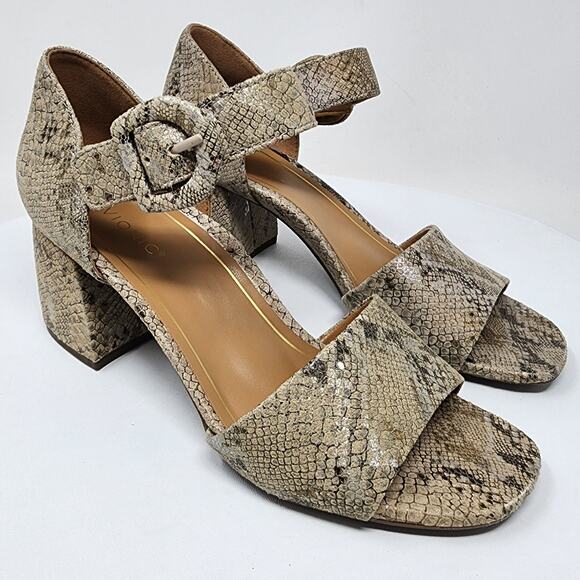 Vionic Chardonnay Sandals Size 8.5M Snake Emboss Tan Leather Open Toe Block Heel - Picture 1 of 13